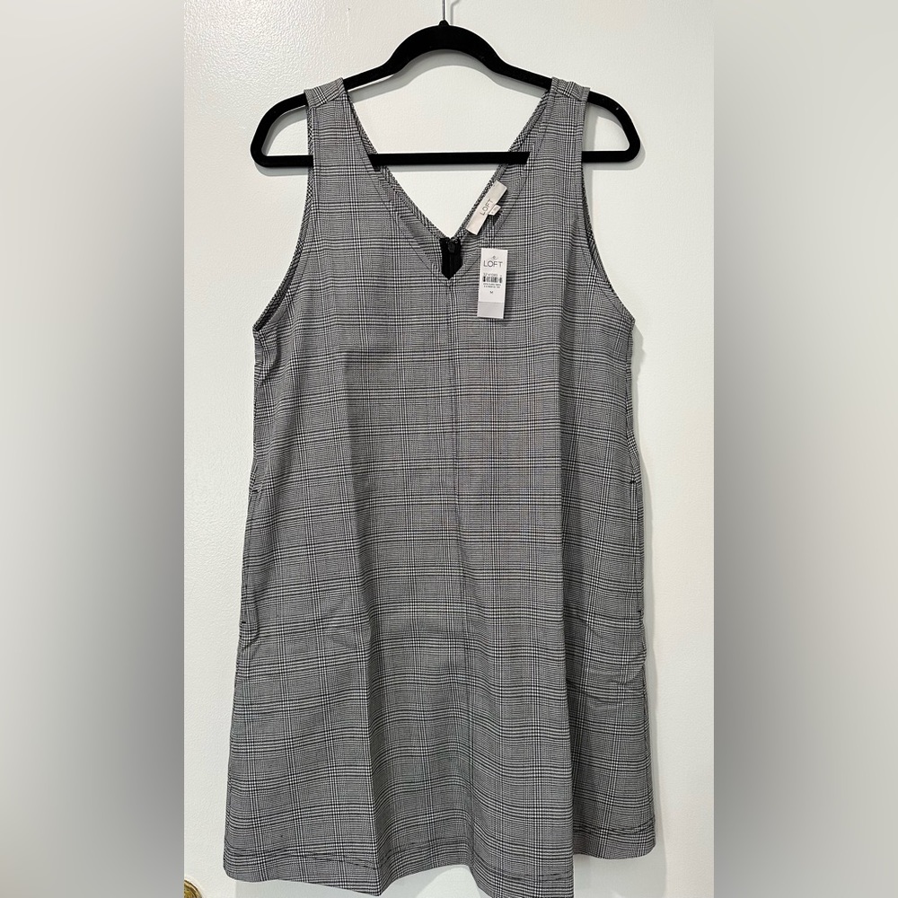 Loft Women’s Houndstooth Plaid Sleeveless Trapeze V-Neck Work Dress | Size M NWT